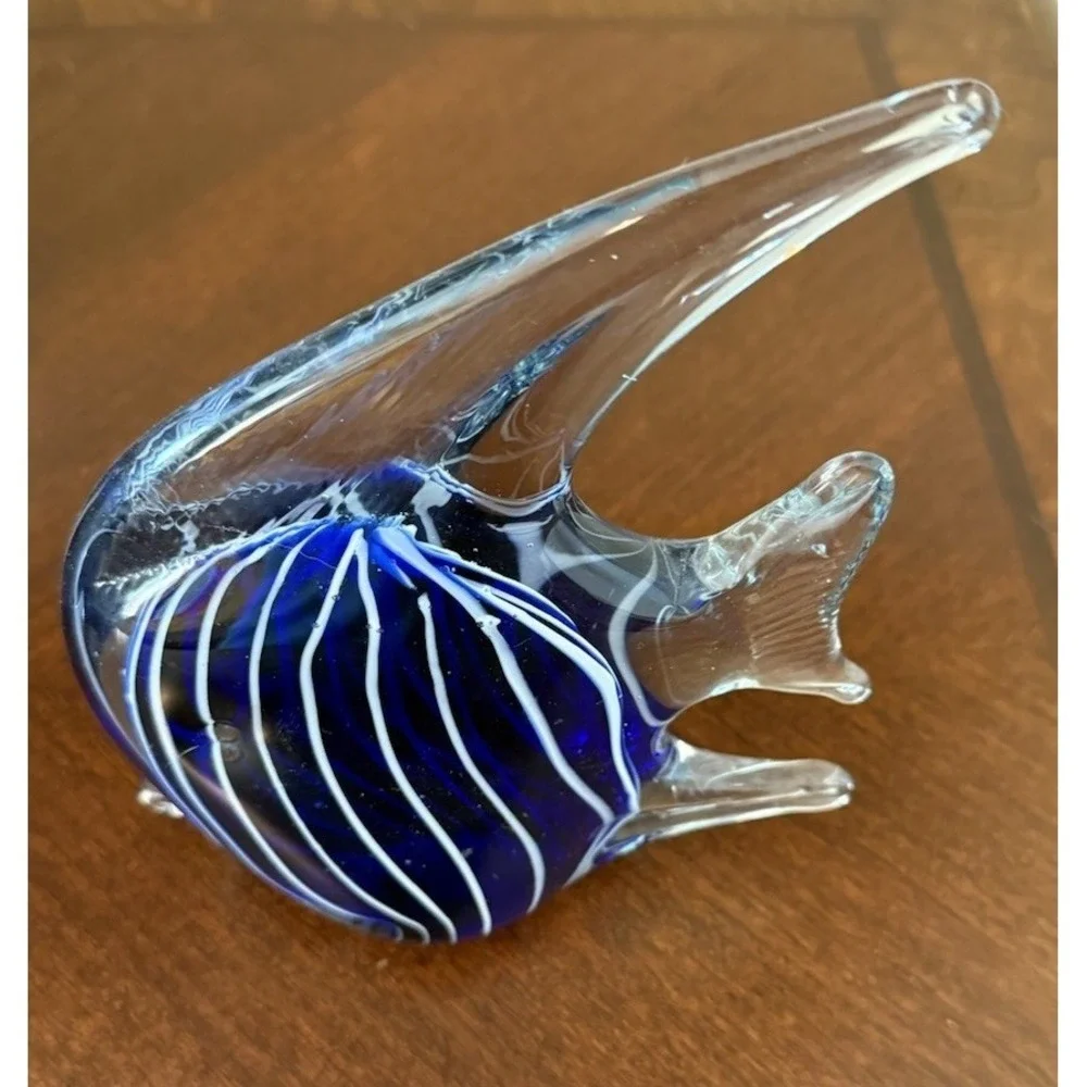Angel Fish Glass Paper Weight, Blue And White Decor Figurine
